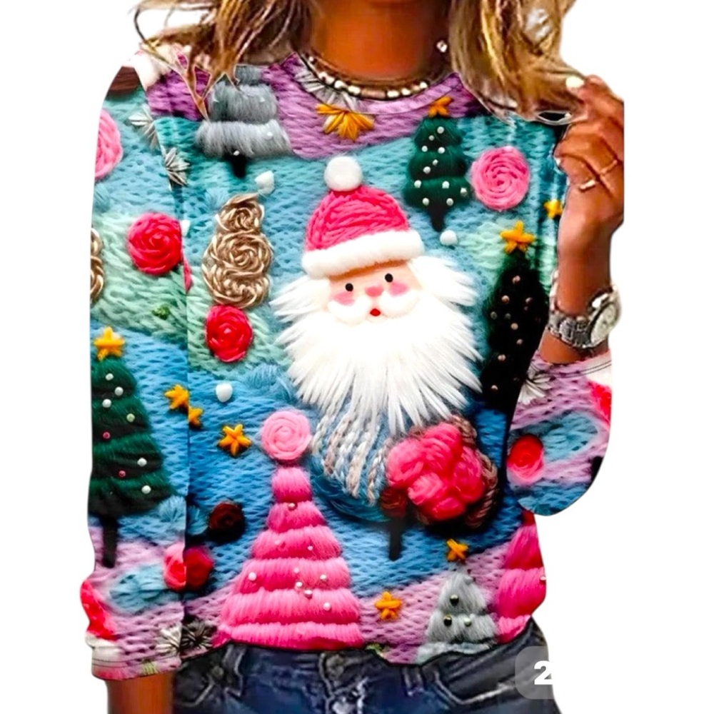 NWT Christmas Graphic Print Crew Neck T-Shirt, Long Sleeve Tee, Size Small